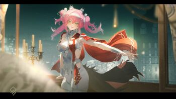 1girl absurdres armor artist_logo bodysuit breastplate breasts commentary english_commentary hair_between_eyes hairband headgear highres letterboxed logo long_hair looking_at_viewer lupa_(wuthering_waves) medium_breasts metal_hairband night outstretched_arm pink_hair qurami red_sash sash smile solo tacet_mark_(wuthering_waves) tail white_bodysuit wolf_tail wuthering_waves yellow_eyes