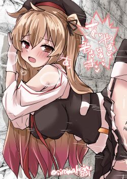 1girl absurdres against_wall beret black_ribbon blush bouncing_breasts breasts brown_eyes brown_hair commentary_request doggystyle hair_between_eyes hair_flaps hair_ornament hair_ribbon hairclip hat heterochromia highres kantai_collection kitahama_(siroimakeinu831) large_breasts long_hair murasame_(kancolle) murasame_kai_ni_(kancolle) neckerchief out_of_frame partial_bodysuit red_eyes red_neckerchief ribbon school_uniform serafuku sex_from_behind skirt two_side_up