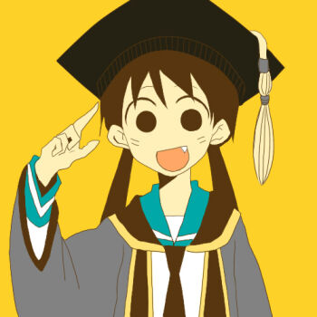 Rule 34 | 1girl, :d, black eyes, black hair, black necktie, blue sailor collar, commentary request, empty eyes, fang, graduation, grey robe, hand up, hat, heisei umare, long hair, long sleeves, looking at viewer, low twintails, lowres, mortarboard, necktie, open mouth, pointing, pointing at self, robe, sailor collar, satou (heisei umare), school uniform, serafuku, shirt, simple background, smile, solo, twintails, upper body, white shirt, yellow background, yellow theme, yumenishiki