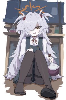 1girl 686panda absurdres black_dress black_pantyhose blue_archive breasts brown_eyes brown_halo brown_ribbon buttons collared_shirt desk diagonal-striped_ribbon dilated_pupils dot_nose double-breasted dress feet flask fluffy_hair grey_hair hair_between_eyes hair_ornament hair_over_one_eye halo hand_on_own_knee highres holding holding_flask kanoe_(blue_archive) knees_up loli long_hair long_sleeves looking_at_viewer messy_hair mojyo neck_ribbon on_floor one_eye_covered open_mouth pale_skin panties panties_under_pantyhose pantyhose pantyshot pinafore_dress purple_liquid ribbon round-bottom_flask scar scar_on_neck shaded_face shirt shoes single_shoe sitting sleeve_cuffs sleeveless sleeveless_dress small_breasts solo sphere_hair_ornament thighband_pantyhose thighs toes two_side_up underwear very_long_hair wavy_mouth white_panties white_shirt