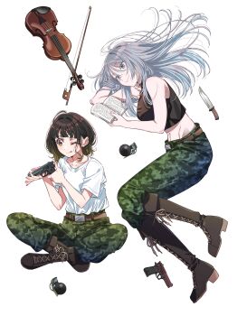 2girls ;q absurdres bare_arms bare_shoulders beretta_92 black_boots black_hair black_shirt book boots bow_(music) brown_hair camouflage camouflage_pants closed_mouth commentary_request cover_image crop_top explosive full_body green_eyes green_pants grenade grey_eyes grey_hair gun handgun highres hirayama_kanna holding holding_book instrument isumi_rinko knife long_hair midriff mizusaki_nagisa multiple_girls navel official_art one_eye_closed open_book pants scar scar_on_face second-party_source shimai_youhei shirt shirt_tucked_in short_hair simple_background sleeveless sleeveless_shirt tongue tongue_out violin weapon white_background white_shirt