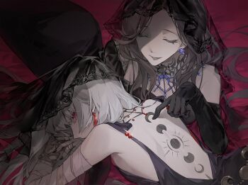 2girls back_tattoo backless_dress backless_outfit bandaged_arm bandages bare_shoulders black_dress black_gloves black_veil blue_nails brown_hair closed_eyes dress elbow_gloves gloves lace-trimmed_veil lace_trim long_hair looking_at_viewer moon_phases multiple_girls official_alternate_costume open_mouth pointing pointing_at_another red_background red_eyes reverse:1999 romance_way semmelweis_(reverse:1999) semmelweis_(the_wax_and_wane_of_the_heart)_(reverse:1999) sleeveless sleeveless_dress smile tattoo upper_body valentina_(reverse:1999) veil very_long_hair white_hair