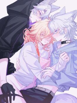 2boys antenna_hair apron black_choker black_gloves black_hoodie black_pants blonde_hair blue_eyes blush braid choker facial_tattoo flame_reaver_of_the_deepest_dark gloves gradient_hair grey_hoodie half_gloves hashtag-only_commentary highres honkai:_star_rail honkai_(series) hood hood_down hood_up hoodie male_focus medium_hair multicolored_hair multiple_boys mydei_(honkai:_star_rail) pants parted_bangs phainon_(honkai:_star_rail) pink_apron red_hair red_tattoo short_hair side_braid simple_background sweater tattoo turtleneck turtleneck_sweater tydjd071 white_background white_hair white_sweater yaoi yellow_eyes