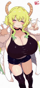 black_boots black_shorts blonde_hair blush boots breasts cleavage closed_eyes coat collar crop_top dragon_horns fur-trimmed_coat fur_trim gradient_hair green_hair hands_up highres horns huge_breasts kobayashi-san_chi_no_maidragon long_hair lucoa_(maidragon) multicolored_hair reiwa_rerere shiny_skin shorts sideboob smile solo thighs