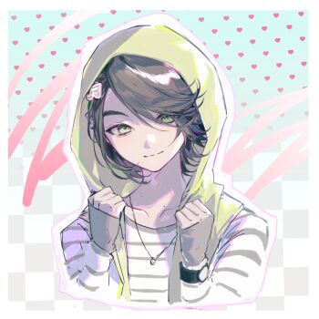 1boy absurdres black_hair border checkered_background clenched_hands closed_mouth collarbone cropped_shoulders fortissimo green_eyes green_vest grey_shirt hair_ornament hanaseto hands_up heart highres hood hood_up hooded_vest hoodie jewelry kamen_rider kamen_rider_w long_sleeves looking_at_viewer male_focus mole mole_under_mouth musical_note musical_note_hair_ornament necklace open_clothes open_vest outline philip_(kamen_rider) shirt short_hair sleeves_past_wrists smile solo striped_clothes striped_shirt two-tone_shirt vest white_border white_outline white_shirt