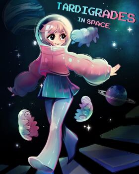 1girl brown_hair english_text feefal floating_stairs full_body helmet highres jacket original planet procreate_(medium) skirt solo space space_helmet tardigrade walking