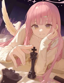 1girl blue_archive chess_piece closed_mouth halo komodo lying mika_(blue_archive) night on_bed on_stomach pink_hair the_pose wings