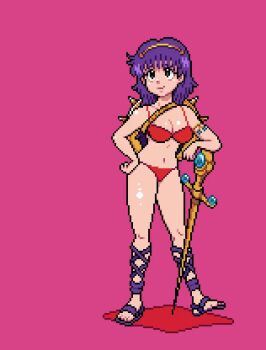 1girl animated arm_up armpits athena_(series) bikini bouncing_breasts breasts brown_eyes cleavage feet grin hand_on_own_hip highres jiggle large_breasts legs looking_at_viewer navel one_eye_closed pixel_art princess_athena purple_hair red_bikini shield smile snk swimsuit sword tagme teeth thighs video weapon wink