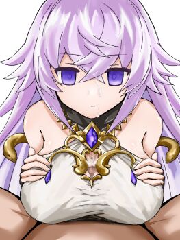 1boy 1girl breasts censored cleavage_cutout clothing_cutout emotionless_sex empty_eyes expressionless grabbing_own_breast grimms_notes hetero highres huge_breasts long_hair magic_mirror_(grimms_notes) mosaic_censoring paizuri paizuri_under_clothes penis pompurinpurin pov pov_crotch purple_eyes purple_hair simple_background solo_focus white_background