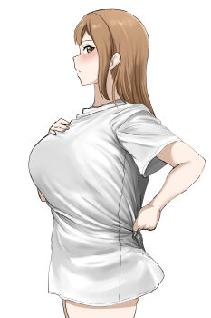 1girl blush breasts brown_eyes brown_hair clothes_pull from_side hand_on_own_chest highres kiru_(bsesso) kunikida_hanamaru large_breasts long_hair love_live! love_live!_sunshine!! naked_shirt pajamas_challenge_(meme) shirt shirt_pull solo standing straight_hair t-shirt white_background white_shirt