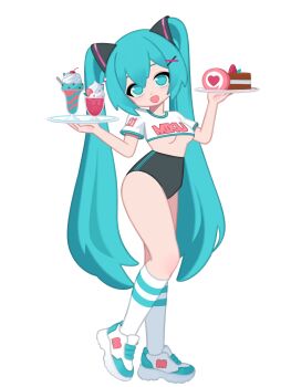 1girl alternate_costume black_buruma blue_eyes blue_hair breasts buruma cake character_name cherry commentary cropped_shirt drinking_straw food fruit full_body glass hair_ornament hatsune_miku highres holding holding_tray long_hair looking_at_viewer monster_l_(hochihochiha) open_mouth print_shirt shirt shoes sneakers socks solo standing tray twintails underboob vocaloid white_shirt white_socks x_hair_ornament