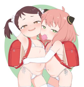 2girls absurdres anya_(spy_x_family) armpits backpack bag becky_blackbell bikini brown_eyes brown_hair condom condom_in_mouth elbow_gloves flat_chest gloves hair_ornament hairclip hairpods highres hug legs loli long_hair micro_bikini mouth_hold multiple_girls naughty_face navel pink_hair ponytail randoseru side_ponytail smug spy_x_family standing stomach swimsuit thighhighs thighs tooteki white_bikini white_thighhighs yuri