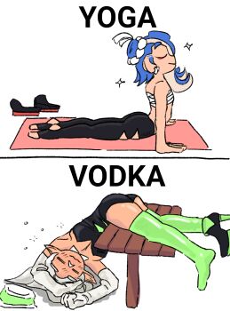 2girls 2koma barefoot bench blue_hair blush boots breasts chest_sarashi cleavage closed_eyes comic drunk ear_piercing earrings elbow_gloves english_text eyeliner flexible gloves hair_over_one_eye high_heel_boots high_heels inkling jewelry leotard long_hair makeup marie_(splatoon) marie_(squid_sisters_outfit)_(splatoon) multiple_girls nejiri_hachimaki nintendo octoling pants piercing pointy_ears sarashi shiver_(deep_cut_outfit)_(splatoon) shiver_(splatoon) shoes smile sparkle splatoon_(series) splatoon_1 splatoon_3 stirrup_legwear stretching tentacle_hair thigh_boots toeless_legwear torn_clothes torn_pants unworn_headwear unworn_shoes wavy_mouth yoga yoga_mat