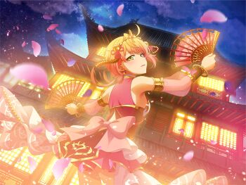Rule 34 | 1girl, architecture, back bow, bow, bracelet, building, cherry blossoms, detached sleeves, dress, dual wielding, east asian architecture, falling petals, folding fan, from behind, game cg, green eyes, hand fan, headgear, holding, holding fan, jewelry, looking at viewer, official art, orange hair, parted lips, petals, pink bow, pink dress, see-through clothes, see-through sleeves, shoujo kageki revue starlight, shoujo kageki revue starlight -re live-, solo, standing, umibe minku, upper body