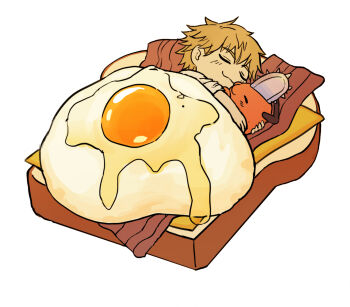 1boy :3 bacon blonde_hair bread bread_slice chainsaw chainsaw_man cheese closed_eyes creature cuddling denji_(chainsaw_man) egg_(food) food fried_egg handle highres in_food male_focus norazomamison on_food oversized_food oversized_object pochita_(chainsaw_man) sleeping sliced_cheese smile white_background