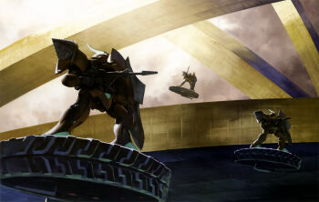 1990s_(style) angel_halo_(gundam) beam_cannon beam_rifle energy_gun gundam gundam_perfect_file highres landscape magazine_scan mecha mecha_focus mobile_suit no_humans painting_(medium) realistic retro_artstyle rig_shokew robot scan scene_reference science_fiction shield space traditional_media victory_gundam weapon zanscare zero_gravity