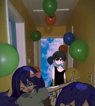Rule 34 | > o, + +, 1girl, 3boys, 9aigkc, antenna hair, aubrey (headspace) (omori), aubrey (omori), balloon, black eyes, black hair, black tank top, black thighhighs, blue shirt, blush, bow, brothers, closed mouth, collarbone, colored skin, double-parted bangs, hair between eyes, hair bow, hashtag-only commentary, hero (headspace) (omori), hero (omori), highres, indoors, kel (headspace) (omori), kel (omori), light switch, long hair, looking at another, multiple boys, omori, omori (omori), one eye closed, open mouth, photo background, pink bow, purple eyes, purple hair, shirt, short hair, short sleeves, shorts, siblings, sidelocks, smile, striped clothes, striped shorts, t-shirt, tank top, thighhighs, vertical-striped clothes, vertical-striped shorts, white shorts, white skin