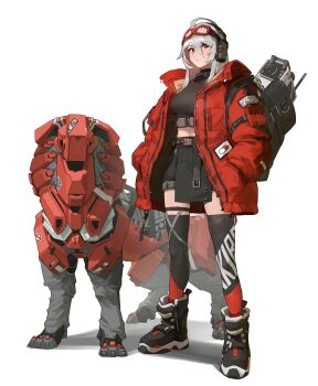 1girl absurdres black_boots black_shirt black_shorts black_thighhighs boots crop_top esnowg goggles goggles_on_head grey_hair hands_in_pockets hashtag-only_commentary highres jacket long_hair long_sleeves looking_at_viewer midriff non-humanoid_robot open_clothes open_jacket original red_eyes red_jacket robot shirt shorts simple_background solo thighhighs white_background