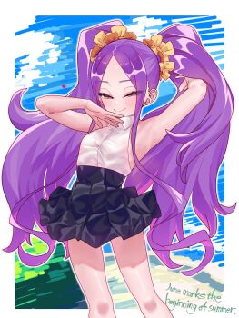 1girl arm_up armpits black_skirt blush breasts fate/grand_order fate_(series) forehead hair_ornament hair_scrunchie highres loli long_hair looking_at_viewer miniskirt niwaikanai parted_bangs purple_eyes purple_hair scrunchie shirt sidelocks skirt sleeveless sleeveless_shirt small_breasts smile solo thighs twintails very_long_hair white_shirt wu_zetian_(fate) yellow_scrunchie
