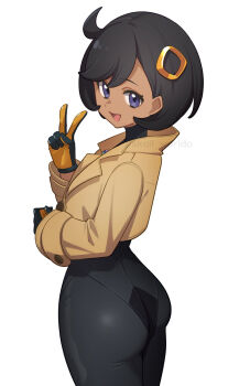 1girl :d aged_up ass black_bodysuit black_gloves black_hair bodysuit bodysuit_under_clothes brown_jacket commentary_request cowboy_shot cowlick dark-skinned_female dark_skin emma_(pokemon) gloves hair_between_eyes hair_ornament hand_up highres jacket latex latex_bodysuit long_sleeves looking_at_viewer mega_stone nintendo open_mouth orange_gloves pokemon pokemon_legends:_z-a purple_eyes short_hair sidelocks simple_background skin_tight skoll_world smile solo standing swept_bangs twitter_username two-tone_gloves v white_background