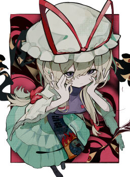 1girl absurdres black_shoes blonde_hair border dress frilled_dress frills from_above full_body gap_(touhou) hair_between_eyes hair_ribbon halftone hands_on_own_face hands_up hat hat_ribbon highres light_smile long_dress long_hair long_sleeves looking_at_viewer low-tied_sidelocks mob_cap puffy_long_sleeves puffy_sleeves purple_eyes purple_tabard red_background red_ribbon ribbon shoes sidelocks solo soresaki tabard touhou white_border white_dress white_hat wide_sleeves yakumo_yukari yin_yang yin_yang_print