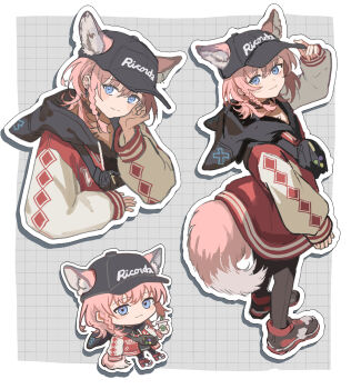 1girl animal_ear_hood animal_ears arknights black_hat black_pantyhose black_shoes blue_eyes braid chibi chibi_inset closed_mouth extra_ears fake_animal_ears fox_ears fox_girl fox_tail hat highres hood hood_down jacket long_sleeves material_growth multiple_views official_alternate_costume oripathy_lesion_(arknights) pantyhose peaked_cap pink_hair puffy_long_sleeves puffy_sleeves red_jacket shoes short_hair single_braid sneakers standing sussurro_(arknights) sussurro_(travel_freely)_(arknights) tail touchika