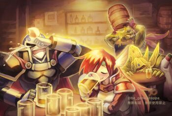 1girl 3boys alcohol alhazad_(wild_arms) armor beer belselk_(wild_arms) brown_hair cape claws commentary_request drinking elmina_niet gloves helmet lady_harken long_hair monster_boy multiple_boys open_mouth red_armor sakakai_toppa smile wild_arms wild_arms_1 zeikfried_(wild_arms)