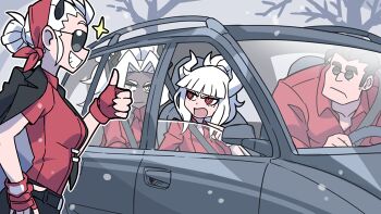 1boy 3girls black_hair black_horns black_jacket breasts car collared_shirt commentary dark-skinned_female dark_skin demon_girl demon_horns fingerless_gloves gloves hand_on_own_hip helltaker helltaker_(character) horns jacket jacket_on_shoulders judgement_(helltaker) justice_(helltaker) kyo-hei_(kyouhei) lucifer_(helltaker) mole mole_under_eye motor_vehicle multiple_girls necktie open_mouth outdoors red_eyes red_gloves red_shirt shirt short_hair short_sleeves smile snow sparkle spiked_horns sunglasses symbol-only_commentary thumbs_up tie_clip tree white_hair white_horns