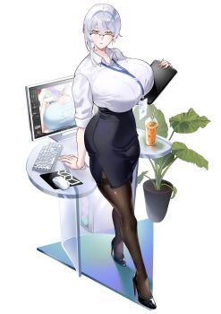 1girl absurdres adobe_photoshop arm_support black_pantyhose black_skirt bracelet breasts cleavage_cutout closed_mouth clothing_cutout collared_shirt commentary_request computer computer_keyboard computer_mouse computer_tower cup desk disposable_cup dress_shirt drinking_straw full_body glasses high_heels highres holding holding_tablet_pc huge_breasts id_card jewelry lanyard large_breasts leaf looking_at_viewer mandarin_collar microsoft_windows mole mole_under_eye monitor mousepad_(object) nyxcisme office_lady original pantyhose pencil_skirt plant potted_plant semi-rimless_eyewear shirt shirt_tucked_in short_hair_with_long_locks simple_background skirt sleeves_rolled_up standing tablet_pc thighband_pantyhose white_background white_hair white_shirt yellow_eyes