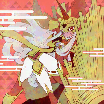 1girl 48mokopon amaterasumon bodysuit breasts colored_skin commentary_request crossed_legs digimon digimon_(creature) gauntlets grey_hair highres horns long_hair pink_skin red_background red_bodysuit red_eyes single_horn solo twitter_username