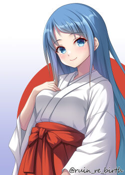 1girl blue_eyes blue_hair breasts commentary_request hakama hakama_skirt japanese_clothes kantai_collection kimono long_hair looking_at_viewer medium_breasts miko red_hakama ruin_re_birth samidare_(kancolle) skirt smile solo textless_version very_long_hair white_kimono wide_sleeves