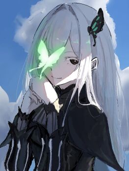 1girl black_dress black_eyes blue_sky bug butterfly closed_mouth commentary_request dress echidna_(re:zero) highres insect long_hair miffy201011 re:zero_kara_hajimeru_isekai_seikatsu sky smile solo upper_body white_hair