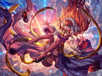 1girl above_clouds alternate_color arch_bishop_(ragnarok_online) black_shoes blue_eyes breasts brown_hair brown_thighhighs cleavage_cutout clothing_cutout cloud commentary commission cross dress english_commentary falling fishnet_thighhighs fishnets floating_hair frilled_thighhighs frills full_body high_heels juliet_sleeves long_hair long_sleeves looking_at_viewer maid_headdress medium_breasts open_mouth pink_sky puffy_sleeves purple_dress ragnarok_online sa-dui sash shoes single_shoe sky smile solo thighhighs two-tone_dress white_dress yellow_sash