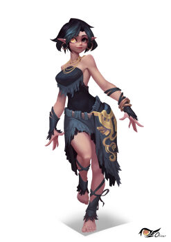 1girl absurdres bare_shoulders black_hair bracelet breasts dress earrings elf feet full_body heterochromia highres jewelry medium_breasts pointy_ears qifeng_lin short_hair smile white_background