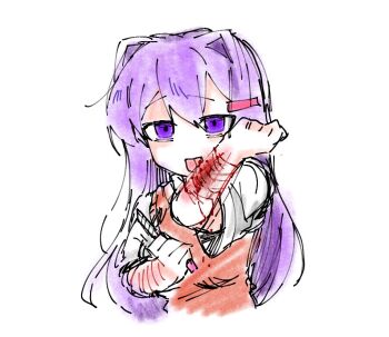 1girl bleeding blood cuts cutting doki_doki_literature_club doki_doki_literature_club_school_uniform hair_between_eyes hair_intakes hair_ornament hairclip injury knife licking licking_arm licking_blood licking_wound long_hair looking_at_viewer matching_hair/eyes open_mouth purple_eyes purple_hair scar school_uniform self-harm short_sleeves ting_mong tongue tongue_out wrist_cutting yuri_(doki_doki_literature_club)