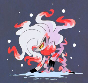 1other body_fur claws colored_sclera commentary english_commentary full_body furry highres hisuian_zoroark julesdrawz multicolored_hair nintendo other_focus pink_hair pokemon pokemon_(creature) red_eyes snow solo two-tone_hair white_hair yellow_sclera