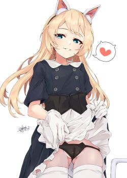 Rule 34 | 1girl, absurdres, alakoala, animal ear fluff, animal ears, apron, black dress, black panties, blonde hair, blue eyes, cameltoe, cat ears, cat tail, dress, dress shirt, frilled apron, frills, gloves, gluteal fold, heart, highres, jervis (halloween) (kancolle), jervis (kancolle), kantai collection, long hair, panties, parted lips, shirt, simple background, smile, solo, spoken heart, tail, thighhighs, underwear, waist apron, white apron, white background, white gloves, white thighhighs