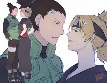 1boy 1girl anger_vein artist_name bandaged_leg bandages black_boots black_gloves black_hair black_pants black_robe black_shirt blonde_hair blue_eyes boots breasts burin_burin earrings fingerless_gloves fishnet_socks fishnets frown full_body furrowed_brow gloves green_vest hand_in_pocket highres jewelry looking_at_viewer medium_breasts nara_shikamaru naruto_(series) naruto_shippuuden open-toe_boots pants ponytail quad_tails robe shirt short_hair short_ponytail socks temari_(naruto) upper_body vest white_background