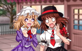 2girls :d absurdres artist_name asymmetrical_hair black_hat black_skirt blank_eyes blonde_hair blush bow bowtie breasts brown_hair buttons collared_dress collared_shirt commentary contrast_collar dress excited hair_bow hat highres juliet_sleeves kiss_meter_(meme) long_sleeves maribel_hearn meme mob_cap multiple_girls necktie o_o open_mouth outdoors puffy_sleeves purple_dress purple_eyes red_bow red_bowtie red_necktie sash shirt short_hair short_sleeves skirt sleeve_garter smile surprised textless_version touhou tree usami_renko white_hat white_sash white_shirt winner7xp