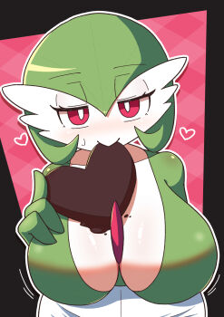 Rule 34 | 1girl, :>, argyle background, black border, blush, bob cut, border, breasts, bright pupils, candy, chocolate, chocolate heart, chocolate on body, chocolate on breasts, closed mouth, collarbone, colored skin, female focus, food, food on body, gardevoir, gen 3 pokemon, green hair, green skin, hair between eyes, half-closed eyes, hand up, heart, hiyashi macaron, huge breasts, index finger raised, looking at viewer, melting, motion lines, mouth hold, multicolored skin, nintendo, nose blush, outline, outside border, pink background, pokemon, pokemon (creature), red eyes, short hair, solo, straight-on, sweat, two-tone skin, upper body, white outline, white pupils, white skin