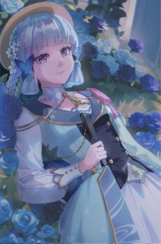 1girl ayaka_(genshin_impact) back_bow blue_bow blue_dress blue_eyes blue_flower blue_hair blue_pupils blue_rose blunt_bangs bow braid brown_hat butterfly_hair_ornament buttons closed_mouth cloud_print commentary day dress english_commentary field floral_print flower flower_field genshin_impact grass hair_flower hair_ornament hand_fan hand_up hat highres holding holding_fan jewelry kamisato_ayaka kamisato_ayaka_(springbloom_missive) kiwiteamlp lapels leaf long_sleeves looking_at_viewer lying necklace official_alternate_costume official_alternate_hairstyle on_back outdoors pink_bow puffy_long_sleeves puffy_sleeves purple_flower purple_rose rose shadow sidelocks smile solo tassel two-tone_dress white_dress white_flower