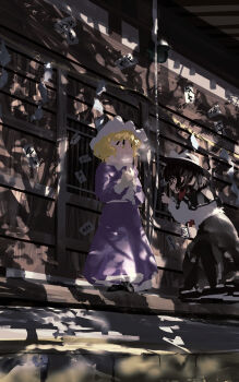 Rule 34 | 2girls, absurdres, black capelet, blonde hair, bow, breath, brown eyes, brown hair, capelet, commentary request, dress, hat, hat bow, highres, long hair, long sleeves, maribel hearn, mob cap, multiple girls, ofuda, own hands together, purple dress, ribbon-trimmed capelet, ribbon-trimmed skirt, ribbon trim, scarf, shirt, shoes, touhou, usami renko, ushitsuchi, white bow, white hat, white scarf, white shirt, yellow eyes