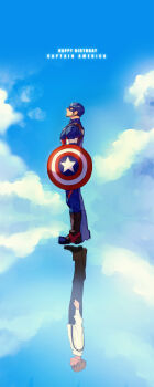 2boys absurdres ambulance00 black_pants blonde_hair blue_bodysuit blue_eyes blue_sky bodysuit boots brown_boots brown_shoes captain_america captain_america_(series) character_name clenched_hand closed_mouth cloud cloudy_sky collared_shirt commentary_request day different_reflection dual_persona english_text full_body happy_birthday helmet highres holding holding_shield korean_commentary long_sleeves looking_to_the_side looking_up male_focus marvel multiple_boys outdoors pants puffy_long_sleeves puffy_sleeves reflection shield shirt shoes short_hair sky standing star_(symbol) steve_rogers superhero_costume suspenders white_shirt