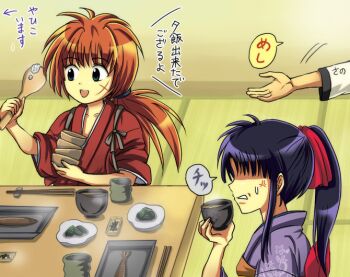 Rule 34 | 1girl, 2boys, anger vein, blue hair, food, grey eyes, himura kenshin, japanese clothes, kamiya kaoru, kimono, mappou, multiple boys, orange hair, ponytail, red ribbon, ribbon, rurouni kenshin, sagara sanosuke, scar, sitting, table, translation request