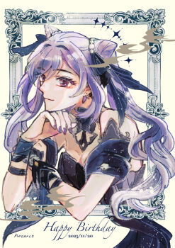 1girl bare_shoulders black_dress cone_hair_bun detached_sleeves dress genshin_impact hair_bun happy_birthday highres keqing_(genshin_impact) long_hair nail_polish purple_eyes purple_hair purple_nails short_sleeves skylark_12 smile solo strapless strapless_dress twintails upper_body