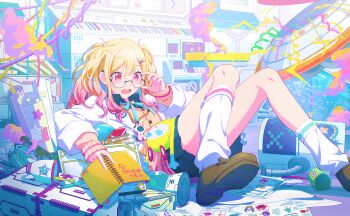 1girl absurdly_detailed_composition absurdres aqua_ribbon artist_request bespectacled blonde_hair blue_shirt blue_skirt blueprint_(object) book book_stack bookmark box broken brown_shoes buttons cable cardigan character_name charm_(object) choppy_bangs coat collared_shirt colorful colorful_palette computer container cup double-parted_bangs drawing electricity facing_up foot_out_of_frame get_over_it._(project_sekai) glasses gradient_hair hair_ornament hair_over_shoulder hairclip highres holding holding_book holding_notebook id_card indoors instrument keyboard_(instrument) laboratory lanyard lapels lightning_bolt_symbol loaded_interior loafers long_sleeves looking_down lying machine miniskirt monitor mug multicolored_hair neck_ribbon notebook official_art on_back on_floor on_person open_clothes open_coat open_collar open_mouth paper pink_cardigan pink_eyes pink_hair pleated_skirt project_sekai ribbon robot rolled_up_paper round_eyewear shirt shoe_soles shoes single_stripe skirt smoke socks solo spill spring_(object) star_(symbol) striped tenma_saki third-party_source twintails v-neck wavy_hair white_coat white_socks x_x