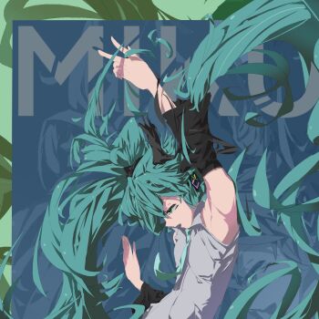 1girl aqua_eyes aqua_hair aqua_necktie arm_up armpits black_sleeves blue_background character_name collared_shirt commentary cutting_hair cutting_own_hair detached_sleeves english_commentary floating_hair from_side grey_shirt hair_spread_out hand_up hatsune_miku highres jujujugan long_hair long_sleeves necktie open_mouth severed_hair shirt sleeveless sleeveless_shirt solo upper_body very_long_hair vocaloid zoom_layer