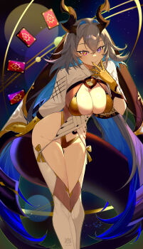 1girl absurdres arm_behind_back artist_name bikini blue_hair boots breasts cleavage closed_mouth colored_inner_hair commentary double-parted_bangs dragon_girl dragon_horns dragon_tail english_commentary feet_out_of_frame gold_bikini gold_gloves grey_hair groin hair_between_eyes hair_intakes hand_to_own_mouth hand_up heterochromia highleg highleg_bikini highres horns jaqui_(yun-yang) large_breasts leaning_forward light_particles long_eyelashes long_hair long_sleeves looking_at_viewer low_twintails multicolored_eyes multicolored_hair original outline purple_hair raised_eyebrows red_eyes shrug_(clothing) side_slit signature smile solo space standing swimsuit tail thick_tail thigh_boots thighs twintails two-tone_eyes two-tone_hair very_long_hair watermark white_boots white_shrug yellow_eyes yellow_outline yun-yang