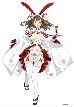 +_+ 1girl animal_ears apron ass bare_shoulders black_choker black_garter_belt black_gloves blue_eyes blunt_bangs blush bow bowtie breast_curtains breasts brown_hair buttons chinese_knot chocolate chocolate_syrup choker cleavage copyright_name cup detached_collar detached_sleeves earrings elbow_gloves fake_animal_ears fingerless_gloves flower flower-shaped_pupils food frilled_garter_belt frilled_thighhighs frills garter_belt garter_straps gloves gluteal_fold groin hair_ornament hair_rings highres holding holding_cup holding_food holding_tray ice_cream japanese_clothes jewelry large_breasts looking_at_viewer maid maid_apron maid_headdress marvelous mismatched_earrings multicolored_hair navel official_alternate_costume official_alternate_hairstyle official_art okobo one_eye_closed open_mouth panties parfait pink_pupils platform_sandals playboy_bunny rabbit_ears reaching reaching_towards_viewer red_bow red_bowtie red_hair red_skirt revealing_clothes ribbon-trimmed_panties ribbon_trim rose sandals senran_kagura senran_kagura_new_link shiny_skin short_hair short_twintails showgirl_skirt simple_background skirt smile solo standing streaked_hair sundae symbol-shaped_pupils teeth thighhighs toki_(senran_kagura) tongue tray twintails underboob underbust underwear upper_teeth_only wa_maid waist_bow white_background white_bow white_flower white_garter_straps white_panties white_rose white_sleeves white_thighhighs wide_sleeves wrist_cuffs yaegashi_nan