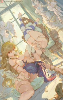 2girls angel_wings blonde_hair blue_eyes blue_hair blunt_bangs commentary_request covered_erect_nipples cutesexyrobutts dutch_angle feathers frilled_skirt frills green_eyes highres indoors looking_at_viewer multiple_girls panty_&amp;_stocking_with_garterbelt panty_(psg) patreon_logo pillow purple_nails revealing_clothes skirt statue stocking_(psg) striped_clothes striped_thighhighs thick_thighs thighhighs thighs upside-down white_feathers white_skirt wings